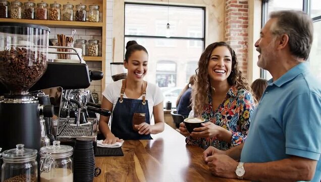 Barista serving coffee to a smiling couple at a cafe counter.