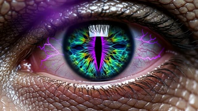 Close-up of a Reptilian Dragon Eye with Vibrant Colors and Scales.