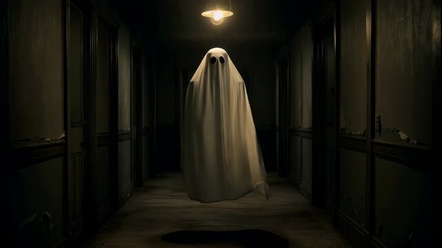 Creepy slow motion of a classic ghost floating in a haunted corridor. Vintage horror style.