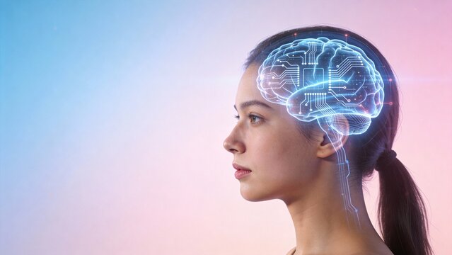 Woman with glowing brain circuitry - Powered by Adobe
