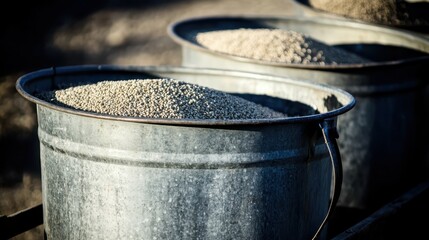 Sturdy metal pails overflowing with granular grain sit outdoors
