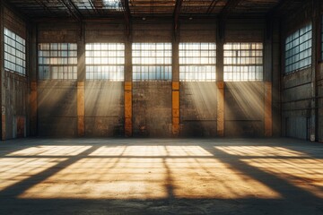 Empty, abandoned warehouse with sunlight filtering through, casting shadows across the space. A perfect setting for industrial real estate or atmospheric storytelling, Generative AI