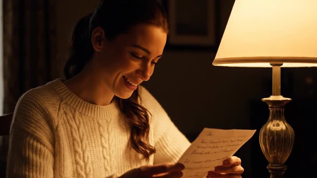 Happy young woman reading a personal letter under warm lamp light.