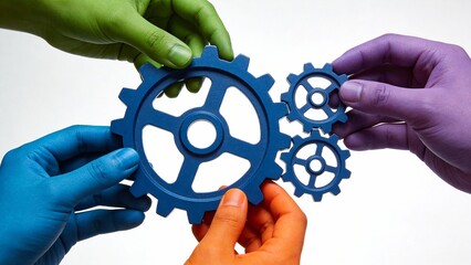 Hands with colored paint holding gears