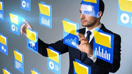 Businessman interacting with digital folders