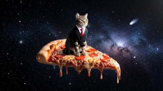 Dapper feline businessman riding a giant pizza slice in space.