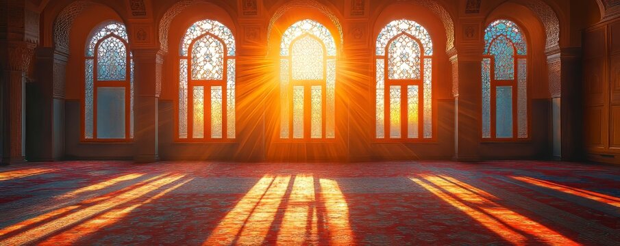 Peaceful moment of prayer in a mosque, with light filtering through the windows, creating a tranquil atmosphere for worship and spiritual reflection, Generative AI