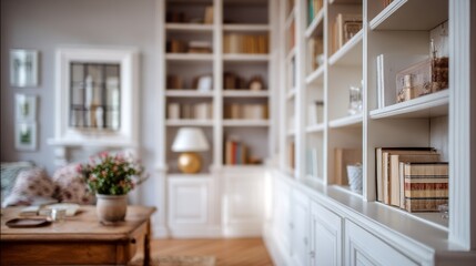 Cozy Library Retreat Bookshelves with Lamp, and and Floral Accent.