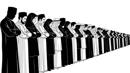 Row of Muslim men and women performing Salah (prayer) in congregation, Islamic worship concept, flat vector illustration.