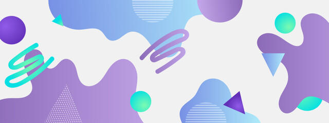 Creative composition of fluid organic shapes in purple and turquoise colors with geometric accents over a clean white space