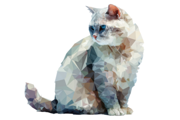 A cat sits featuring a low polygonal design, showcasing its geometric shapes and textures, isolated on transparent background