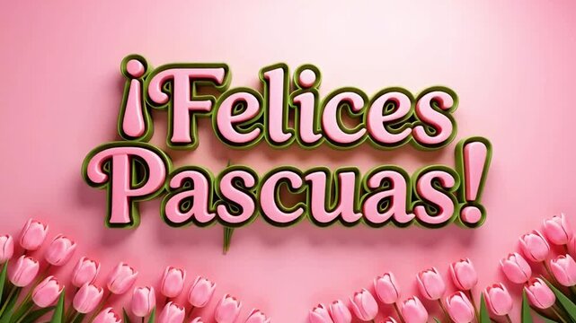 pink tulips on pink background with happy easter greeting text in spanish language