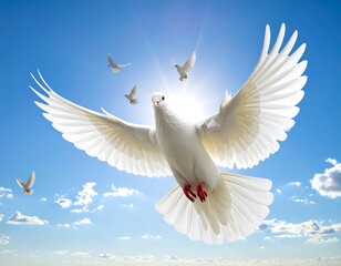Obraz premium A flock of white birds flies through a sunny, blue sky, with a bright sunburst emanating from behind the central bird