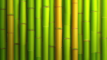 Fototapeta premium Vertical Arrangement of Lush Green and Golden Bamboo Stalks Creating a Natural Textured Background with Soft Lighting and Organic Pattern
