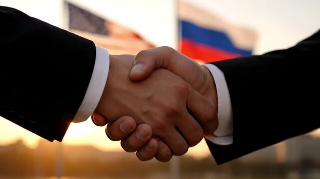 business handshake of representatives of the usa and russia against the background of national flags focusing on constructive interaction and official meetings