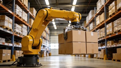 Yellow robotic arm in warehouse