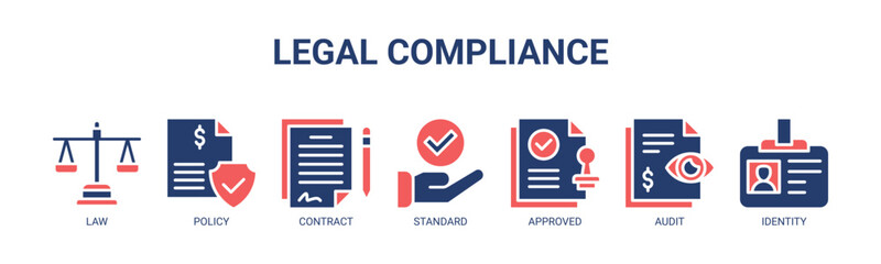 Legal Compliance web banner icon vector illustration concept for business with icon of law, policy, contract, standard, approved, audit, and identity.