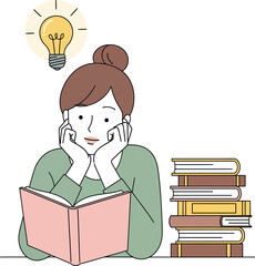 Illustration of a young woman with a hair bun having a bright idea symbolized by a lightbulb while reading a book.