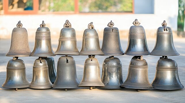 A collection of polished metal bells of various sizes arranged in rows