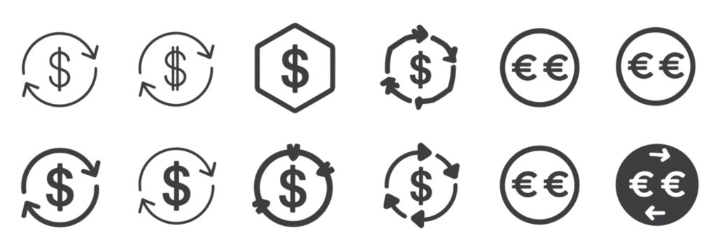 Currency exchange symbols with dollar and euro icons connected by arrows for financial transfer and conversion concepts