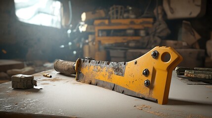 Yellow hydraulic cutting and breaching tool with worn blade resting on a dusty surface in a workshop