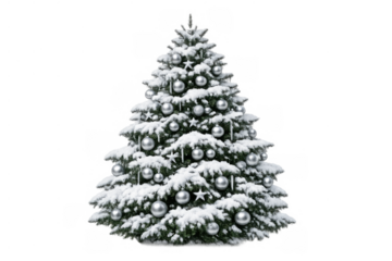 Christmas tree covered in snow and ice, decorated with silver ornaments, stars, and icicles, on transparent background