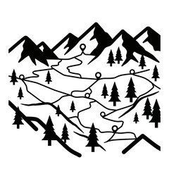 Fototapeta premium Abstract Mountain Landscape with Trails and Pine Trees - Black and White Illustration