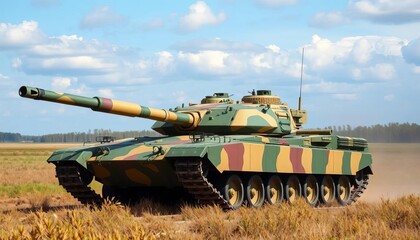 Fototapeta premium Powerful Russian main battle tank, camouflaged, in field, cannon, track