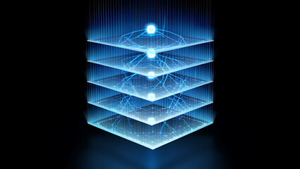 Futuristic digital layers with glowing blue connections and data streams on a dark background