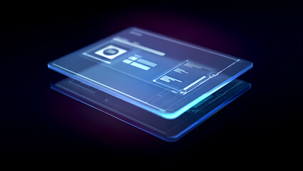 Futuristic digital circuit board with glowing blue lines and components on a dark background