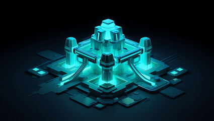Futuristic neon blue circuit board with glowing components and wires in a 3d rendered illustration