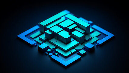 A futuristic 3d rendering of blue glowing cubes forming a complex structure on a dark background approximately