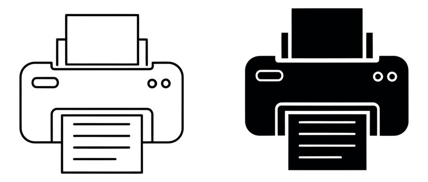 Line art and solid printer icon set featuring an outline and glyph style for technology and office design