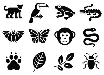 Obraz premium Jungle wildlife icons featuring jaguar toucan tree frog crocodile and bat silhouettes in solid style