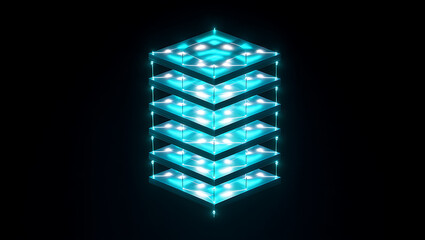 Glowing blue neon circuit board layered on a dark background for technology concepts