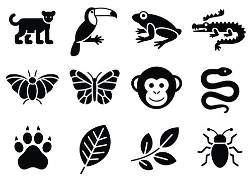 Jungle wildlife icons featuring jaguar toucan tree frog crocodile and bat silhouettes in solid style