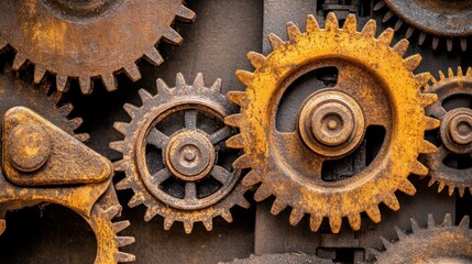 Close up of interlocking rusty metal gears from a large industrial machine