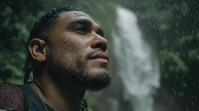 Man Standing in Rain Near Waterfall in Emotional Close-Up