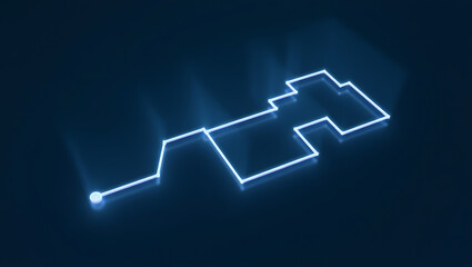 Glowing neon circuit board pathway on dark blue background with light effects and glow
