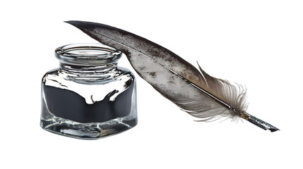 Quill feather and inkwell isolated on a transparent background