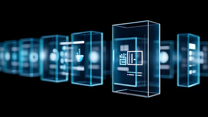 Futuristic digital cubes with glowing blue interfaces and data visualizations on a black background