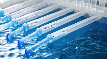 Close up of multiple scientific water testing kits with precise measurement indicators submerged in blue liquid