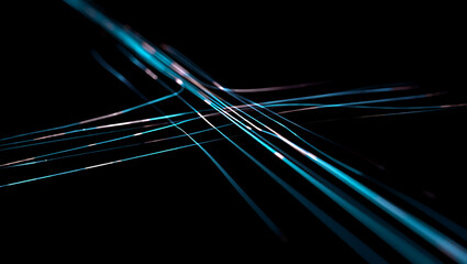 Abstract blue and white light streaks crossing on a black background creating a dynamic effect