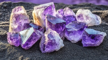 Fototapeta premium A pile of rough unpolished amethyst crystals showcasing their natural purple color and crystalline texture on a dark surface