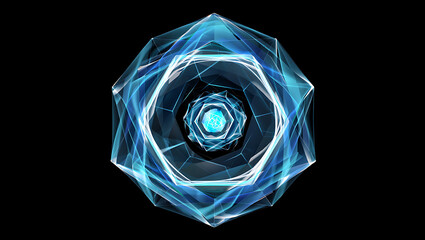 A blue crystal or gemstone with a glowing center and geometric facets on a black background