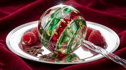 Artisanal Christmas Lollipop with Gold Leaf and Berries on a Silver Tray