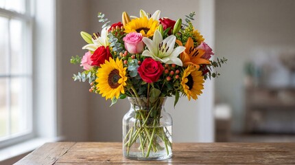 Beautiful Floral Arrangement with Sunflowers and Lilies in Glass Vase on Wooden Table