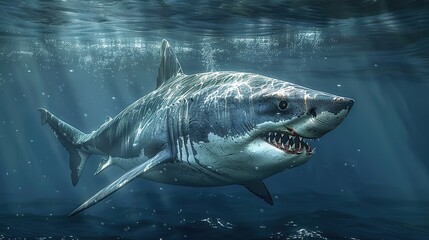 Fototapeta premium Great White Shark Swimming in Sunlit Ocean, Ideal for ocean conservation campaigns, wildlife documentaries, adventure travel promotions, or educational content.