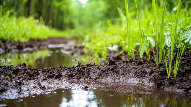Close up view of dark viscous organic matter and water forming a muddy path in a lush green natural environment