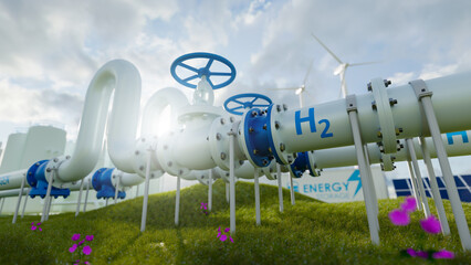 hydrogen pipeline of energy sector towards to ecology,carbon credit,Clean Energy,secure,carbon neutral,transformation,solar,power plant and energy sources balance to replace natural gas.3d rendering.
